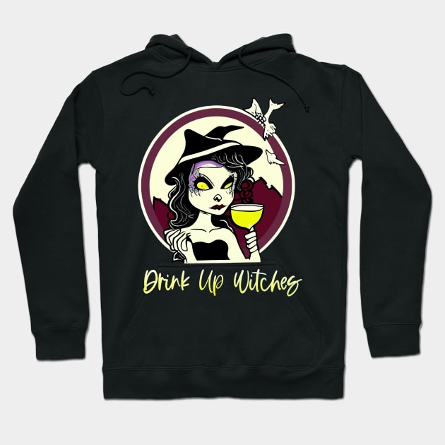 Drink Up Witches Halloween Wine Lover Lime Green Hoodie by MindGlowArt